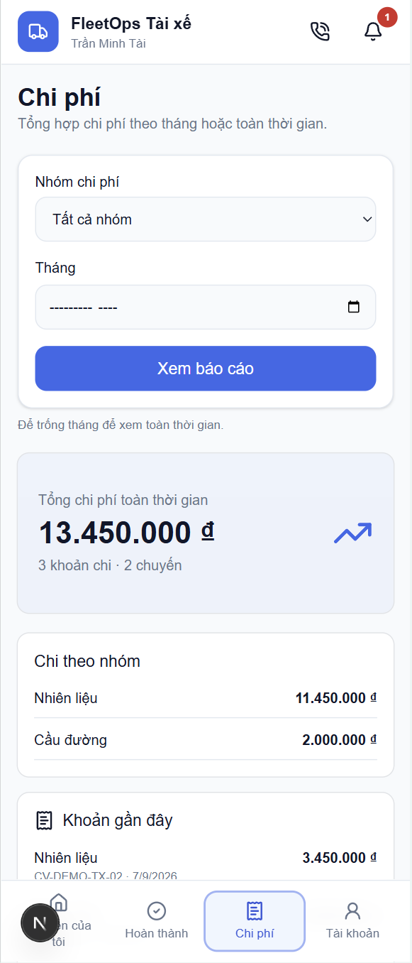 App Tài xế — Báo chi phí kèm ảnh hóa đơn